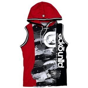Ecko Unltd Men's Hoodie T-Shirt Stitch Panel Sleeveless Tee in Red/Black